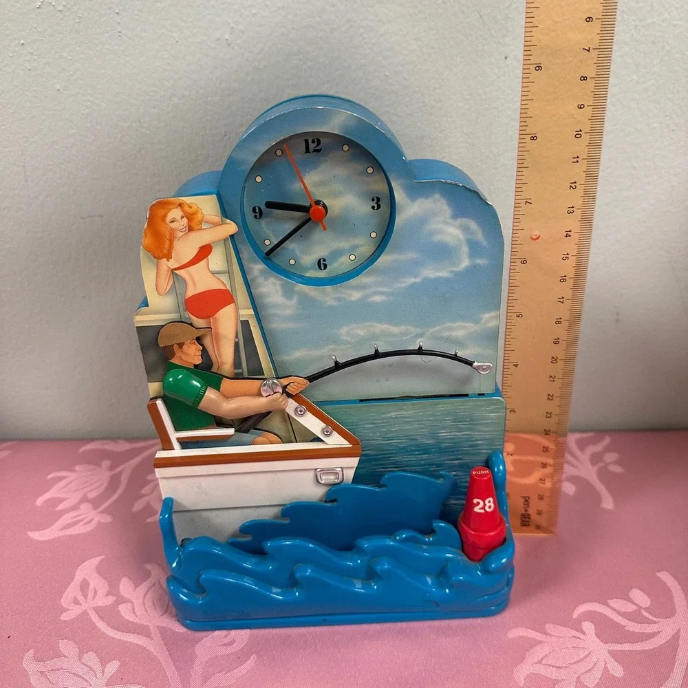 Vintage Fishing Pin Up Girl Novelty Desk Clock Nautical Fisherman Boat Decor